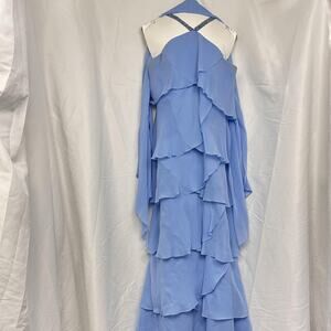 Daymor Couture Dress 12 Blue Tiered Chiffon Maxi Beaded Halter Formal Boho Layer